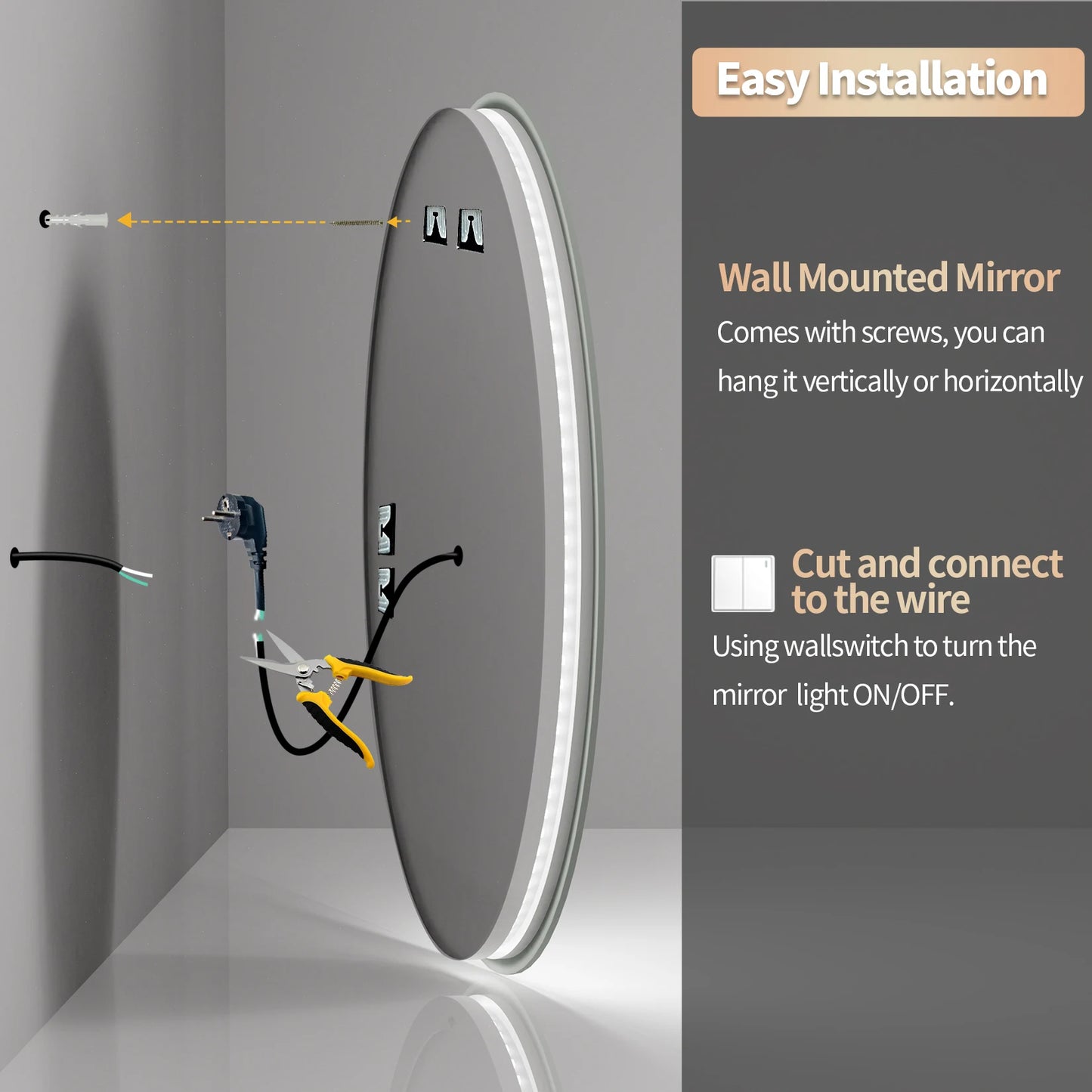 LED Oval Anti-Fog Smart Touch Sensor Mirror
