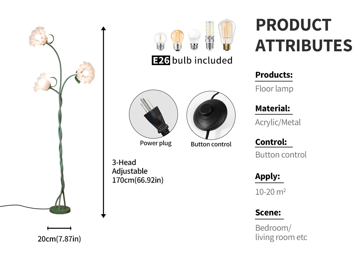 Retro 3-Head Flower Floor Lamp, Flexible Neck