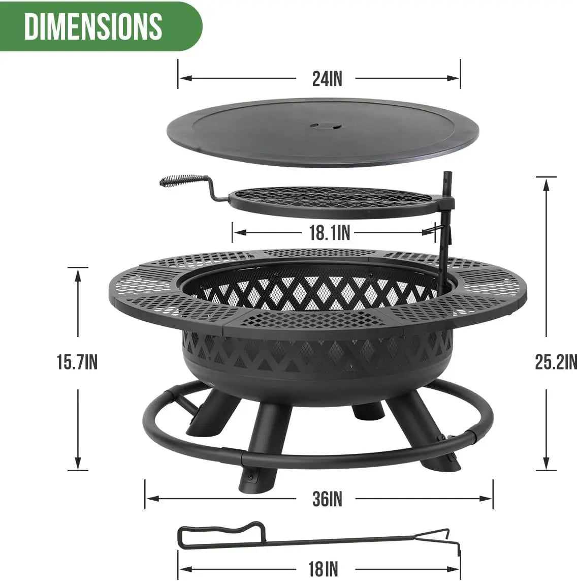 36 Inch Wood Burning Fire Pit with Grill