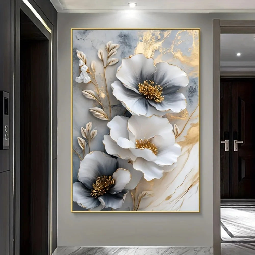 Modern luxury 3D  floral canvas mural, framed