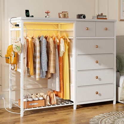 49.2" W White Dresser for Bedroom with Hanging Rack