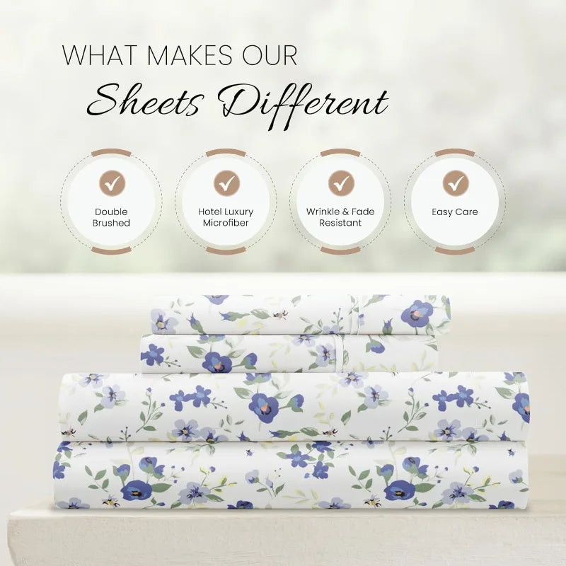 4 Piece Queen Sheet Set (Light Blue Floral)