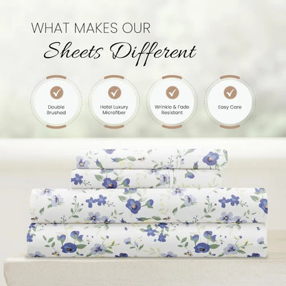4 Piece Queen Sheet Set (Light Blue Floral)