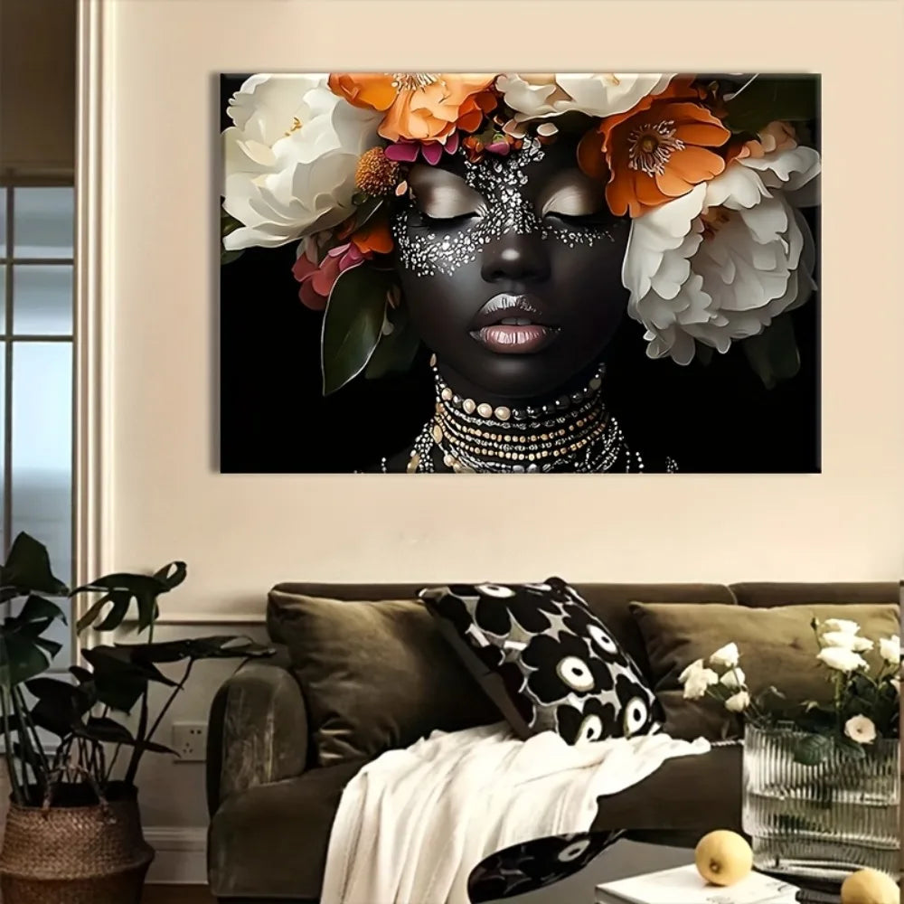 Modern African women and vibrant floral canvas art
