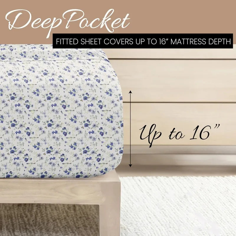 4 Piece Queen Sheet Set (Light Blue Floral)