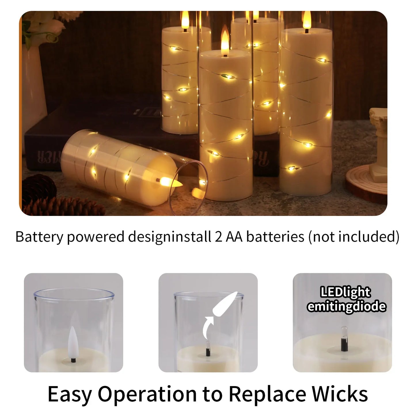 Flickering Flameless LED Pillar Candle Lights Embedded Star String