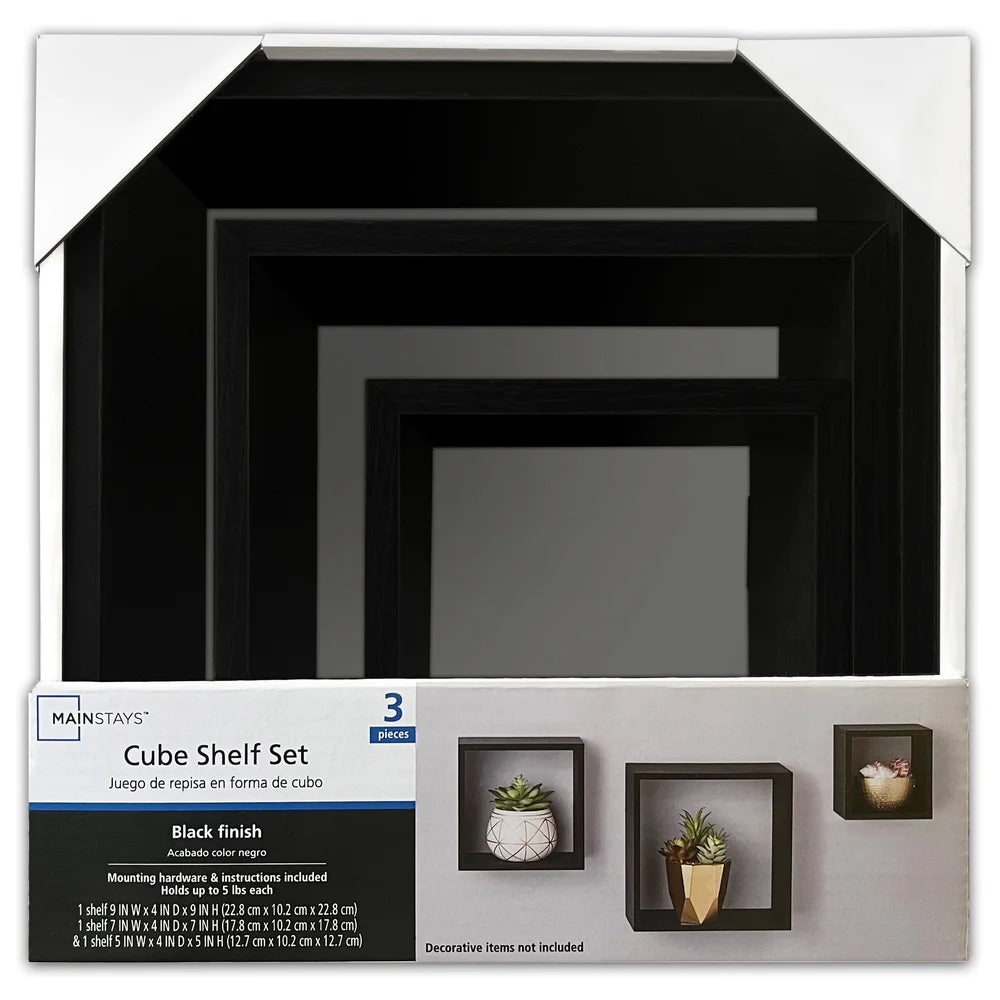 Modern Black Wood Cube Shelf Set
