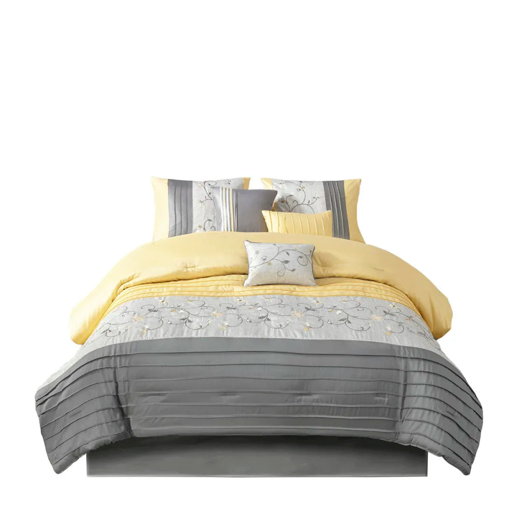 Embroidered 7 Piece Comforter Set Yellow Queen
