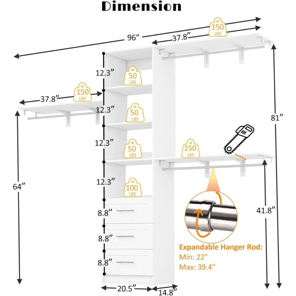 8' Corner Walk in Wood Closet Organizer System