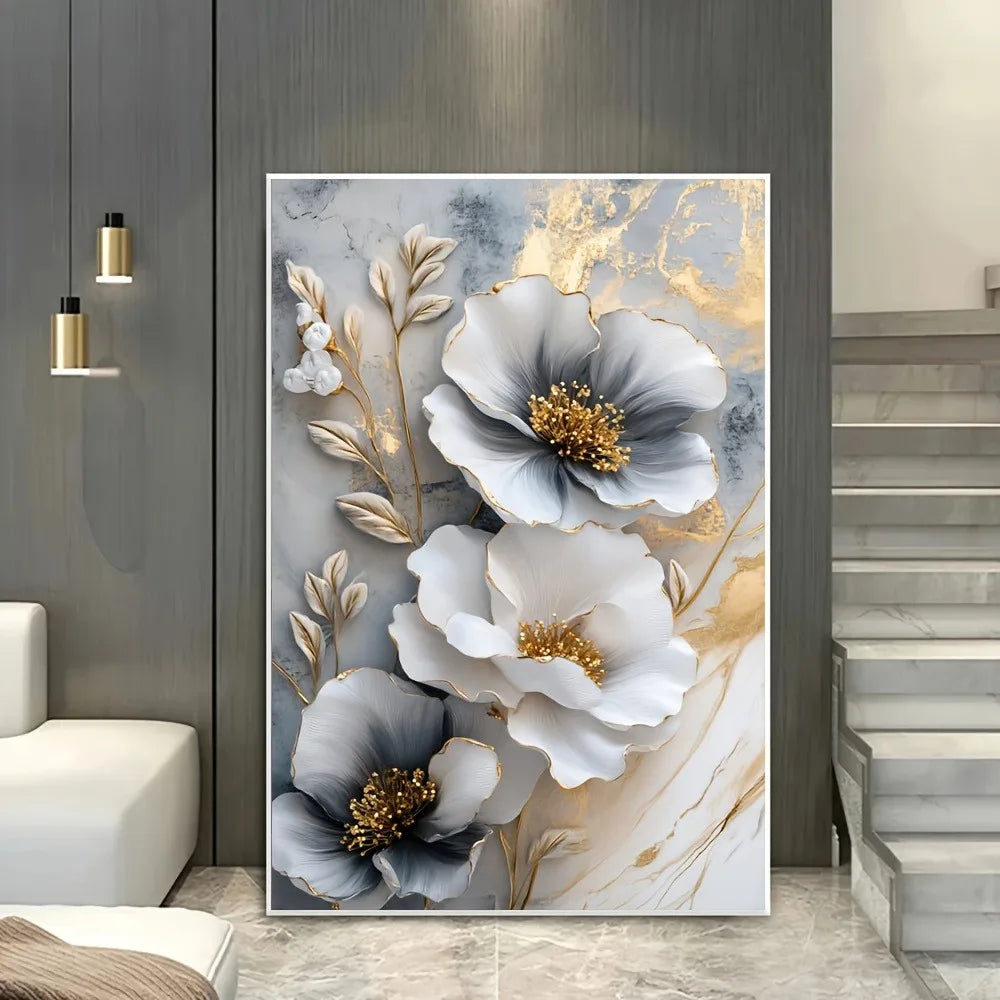 Modern luxury 3D  floral canvas mural, framed