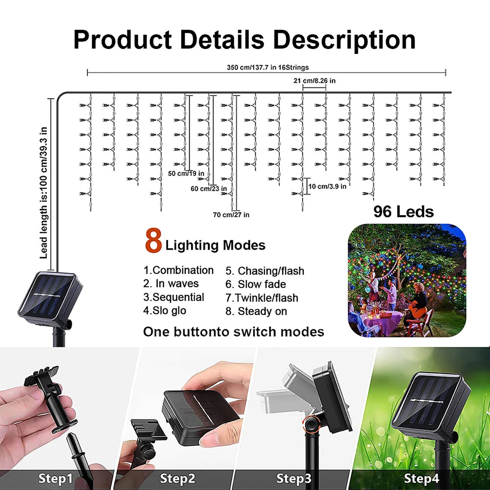 Solar Icicle Curtain Lights -  8 Modes