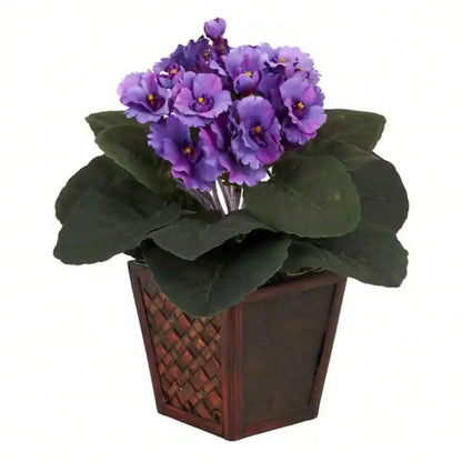 10 in. Artificial African Violet Silk Plants with Vase, Set of 2.