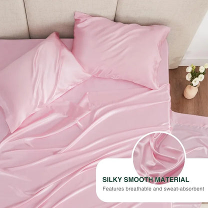 4 Piece Pink Silky Satin Bed Sheets Queen