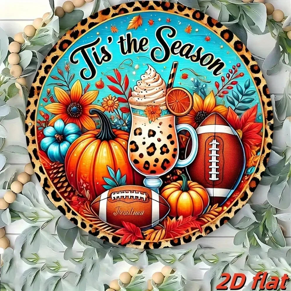 Autumn Leopard Print Football Pumpkin Aluminum Sign