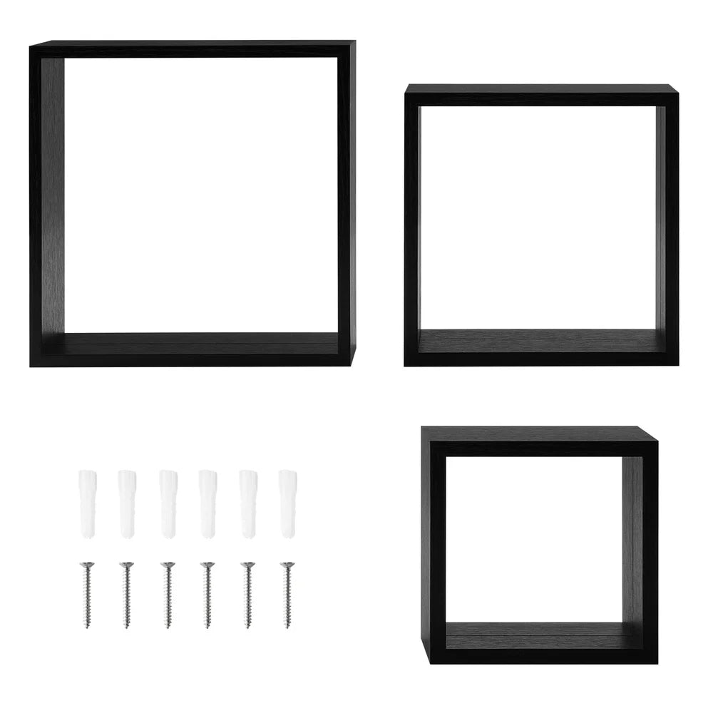 Modern Black Wood Cube Shelf Set