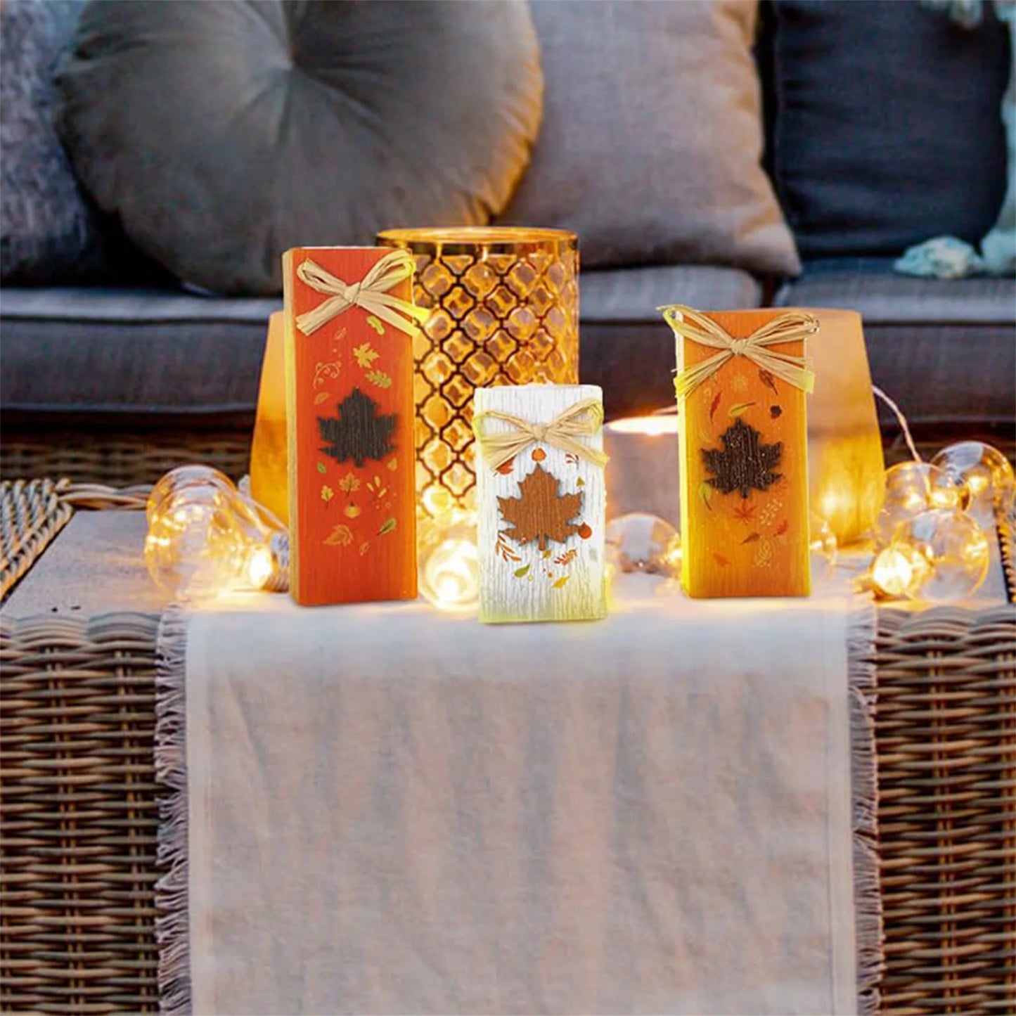 Rustic Autumn Tabletop Decor Set with Wooden Standing Blocks