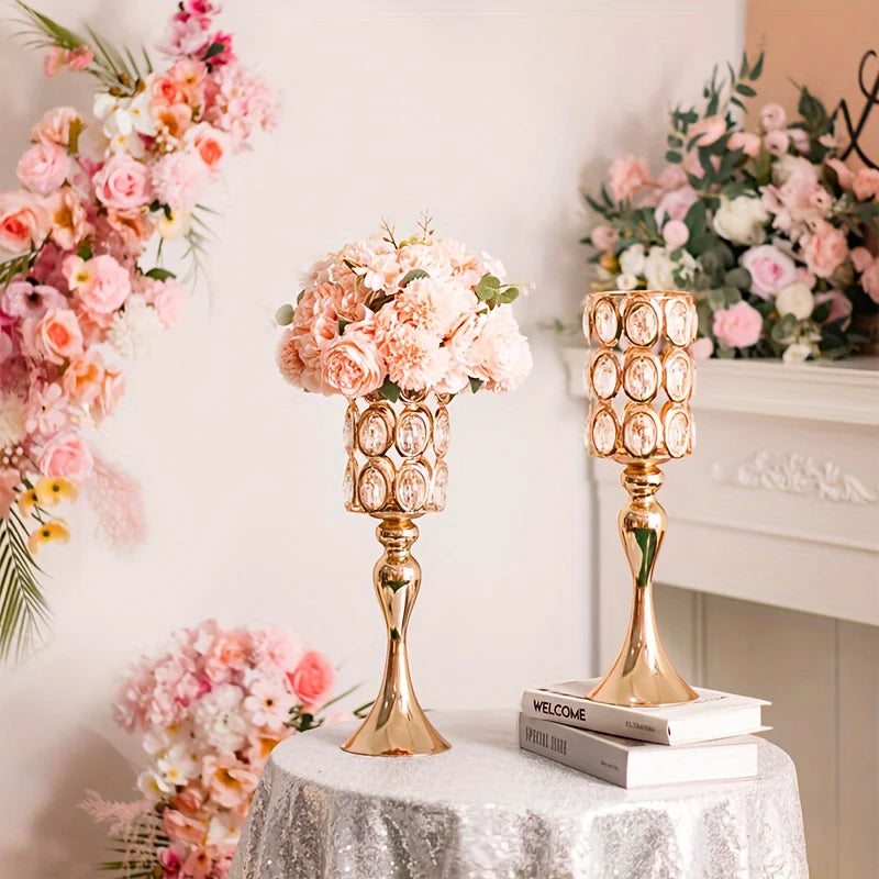 2 Gold Vases, 18-Inch High Metal Flower Stand