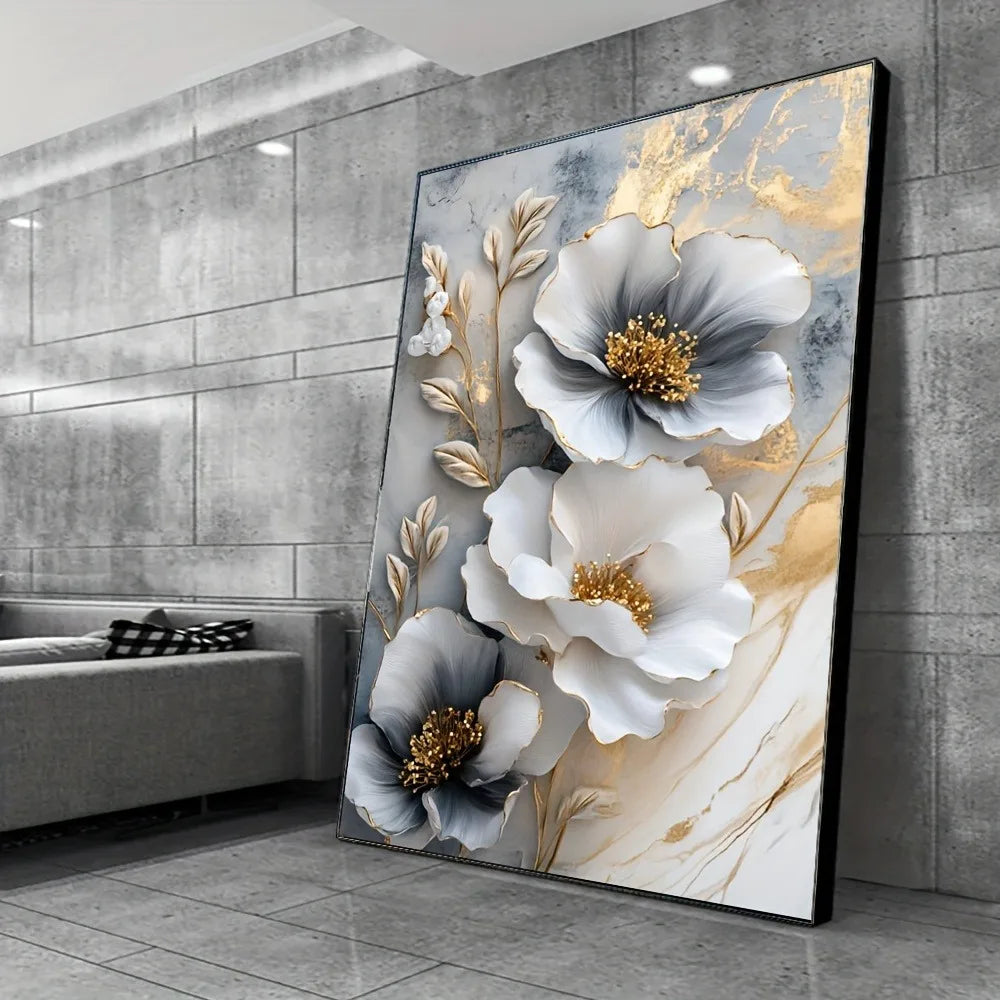 Modern luxury 3D  floral canvas mural, framed