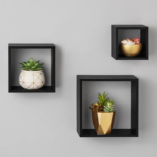 Modern Black Wood Cube Shelf Set