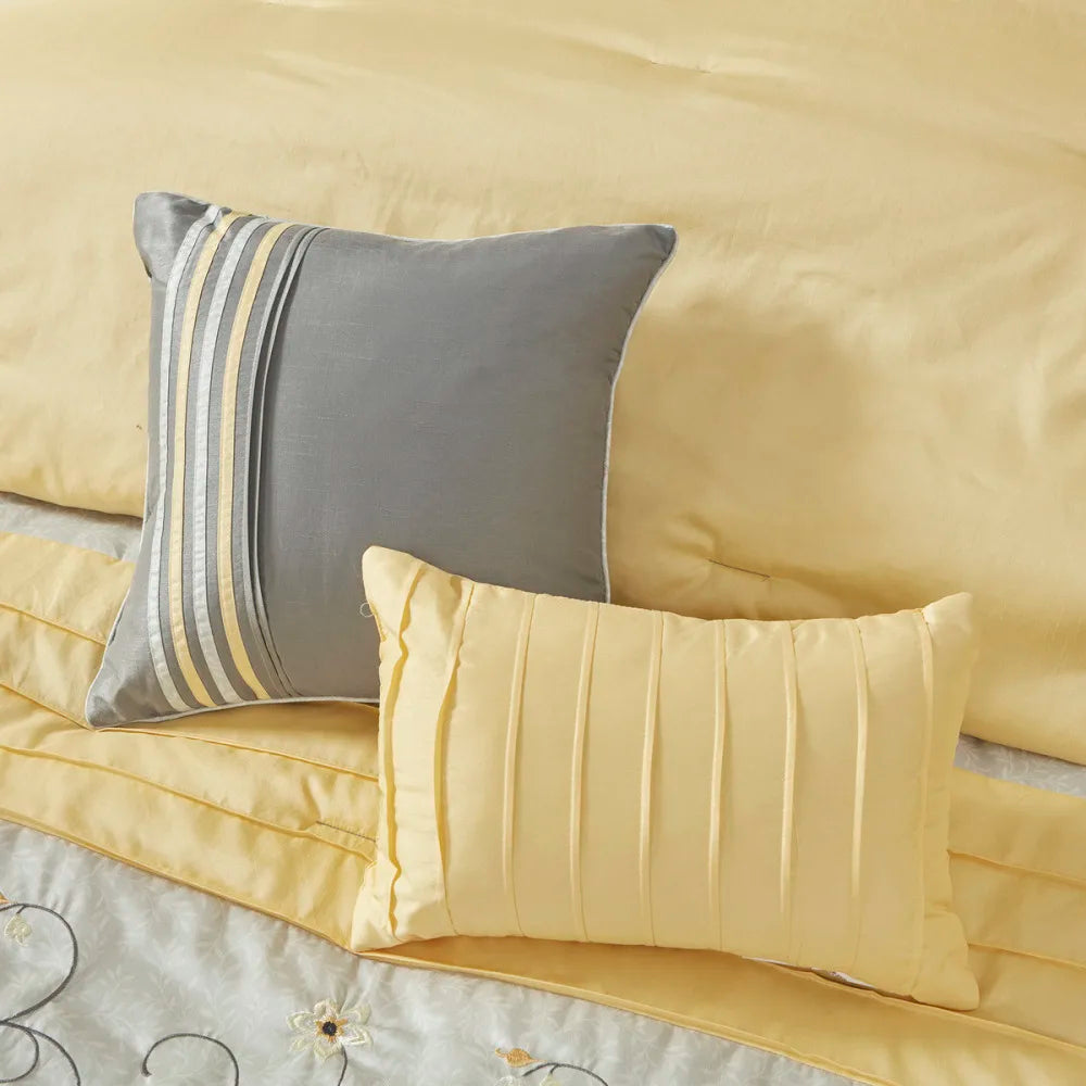Embroidered 7 Piece Comforter Set Yellow Queen