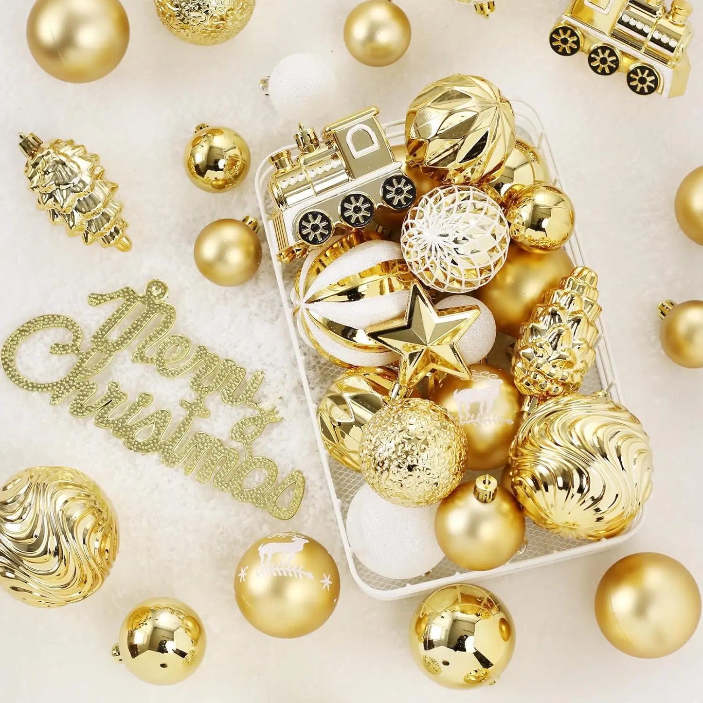 Christmas Ball Ornaments Set, 65 pcs Gold & White Shatterproof