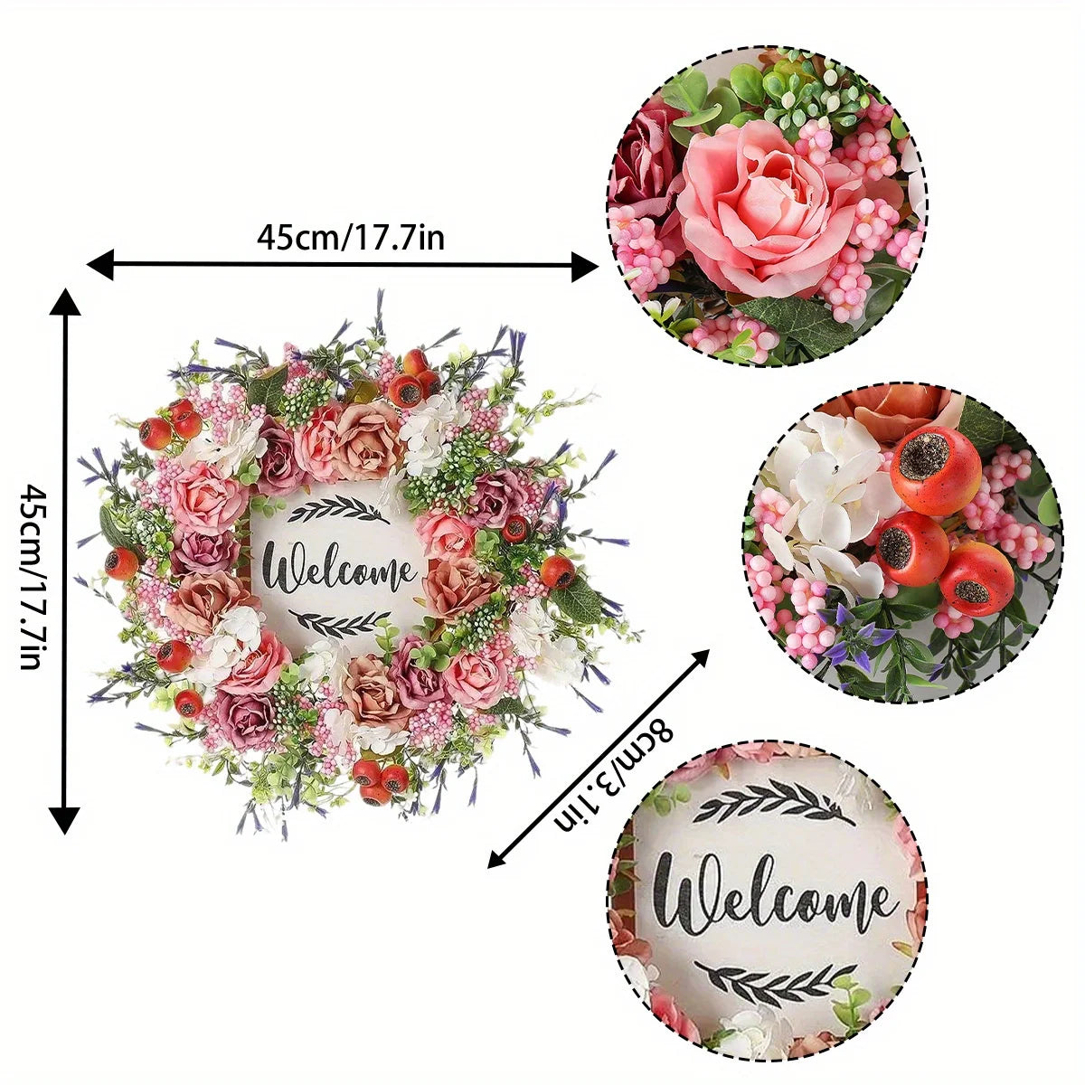 Welcome Sign Wreath for Front Door, 17.7"