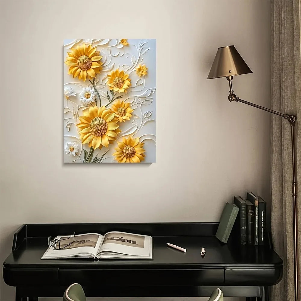3D relief sunflower canvas art with wood frame