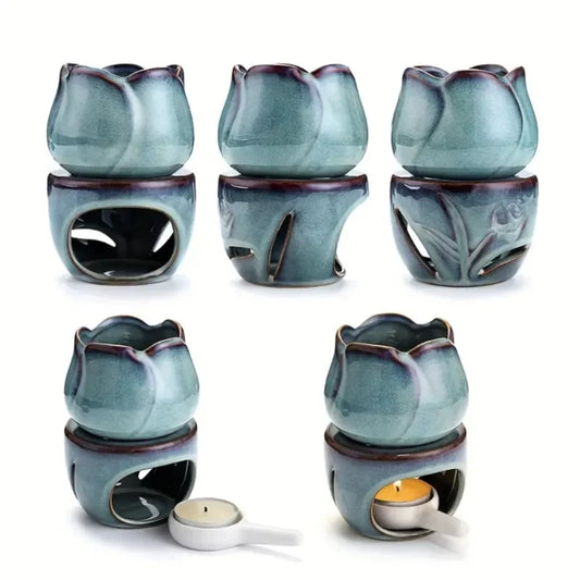 Tulip-Shaped Ceramic Aromatherapy Diffuser & Candle Holder Set