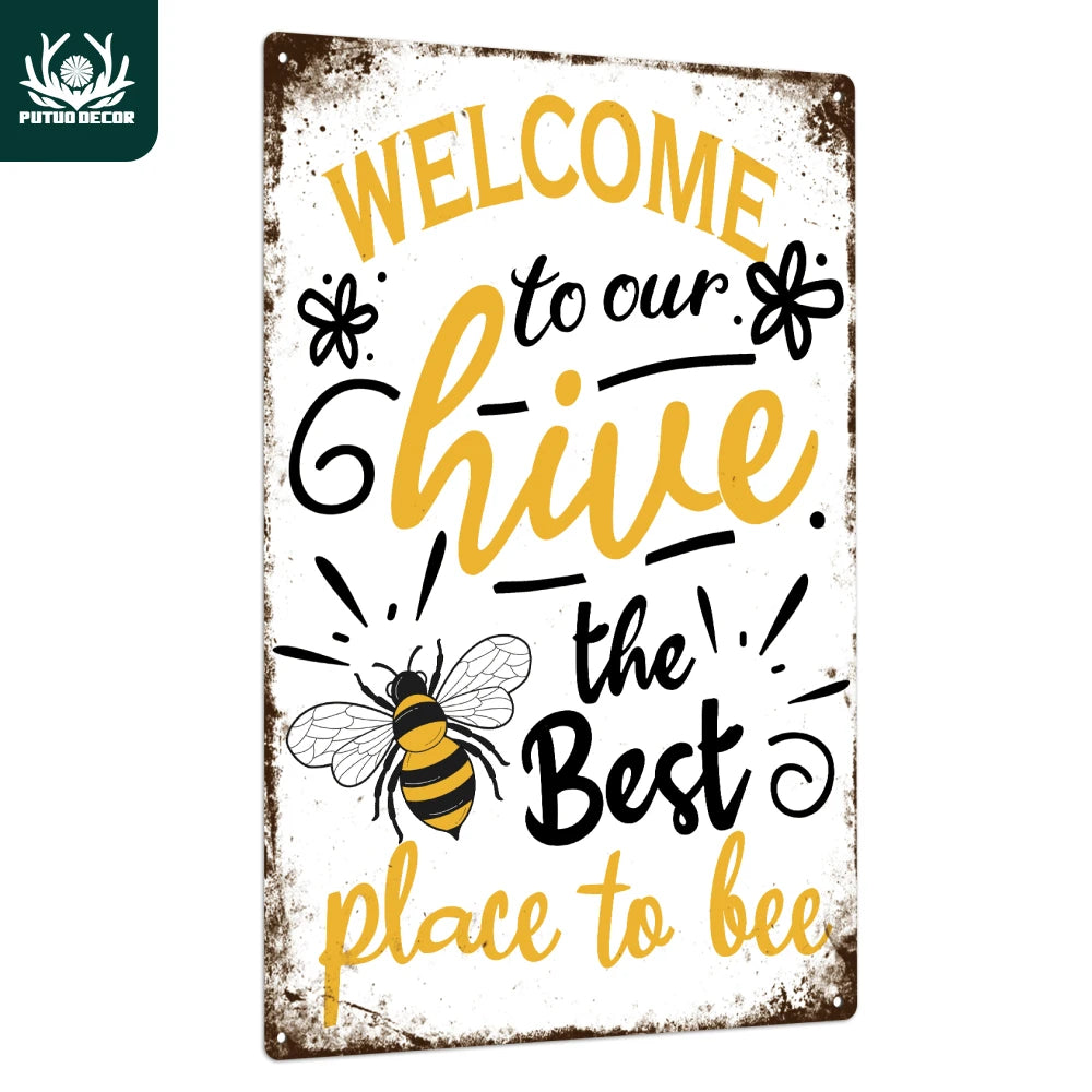 Tin Plaque Painting - Retro Bee Decor