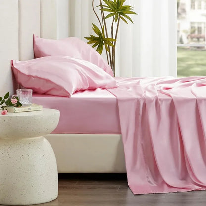 4 Piece Pink Silky Satin Bed Sheets Queen