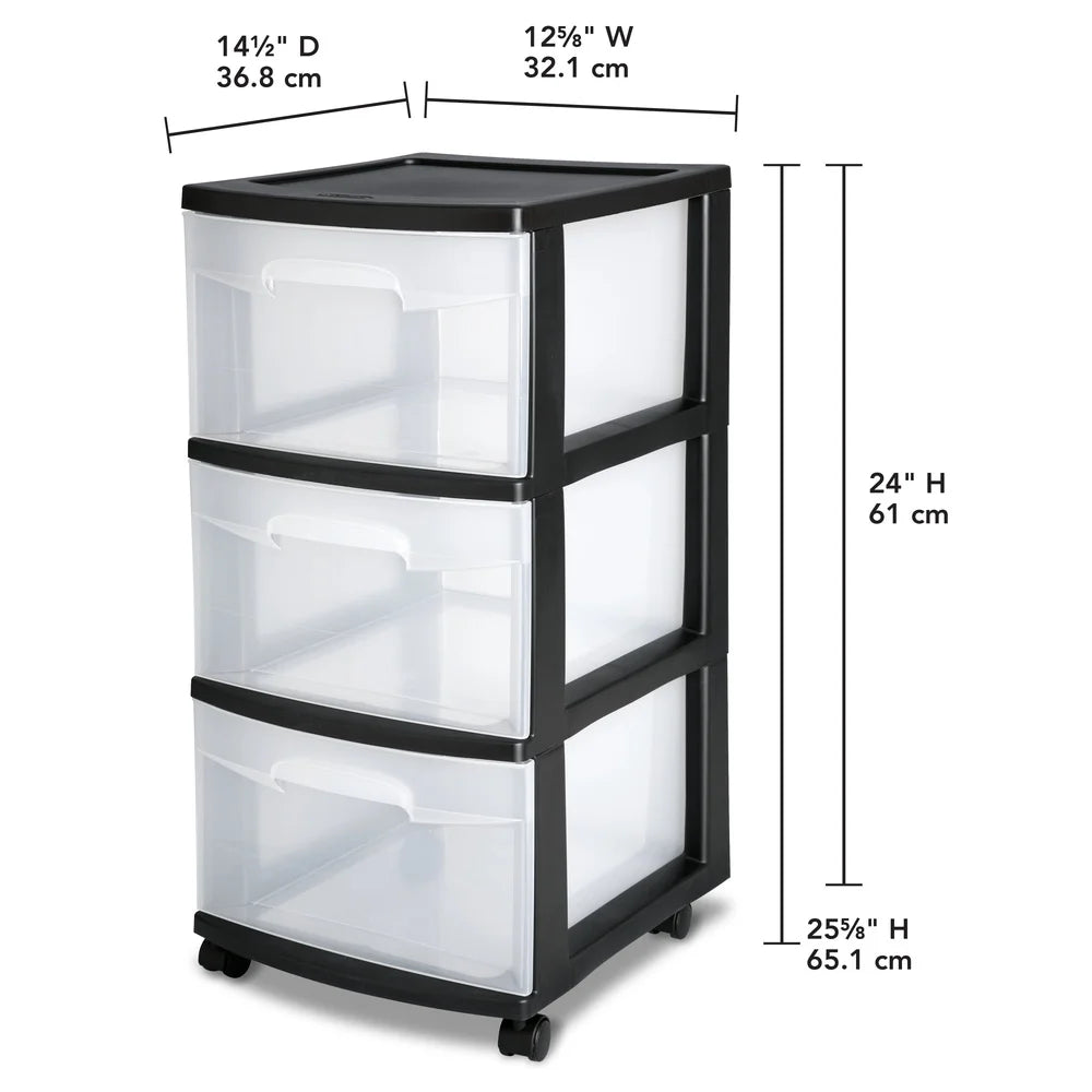 3 Drawer Plastic Storage Cart with Clear Drawers