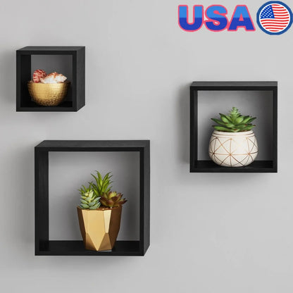 Modern Black Wood Cube Shelf Set