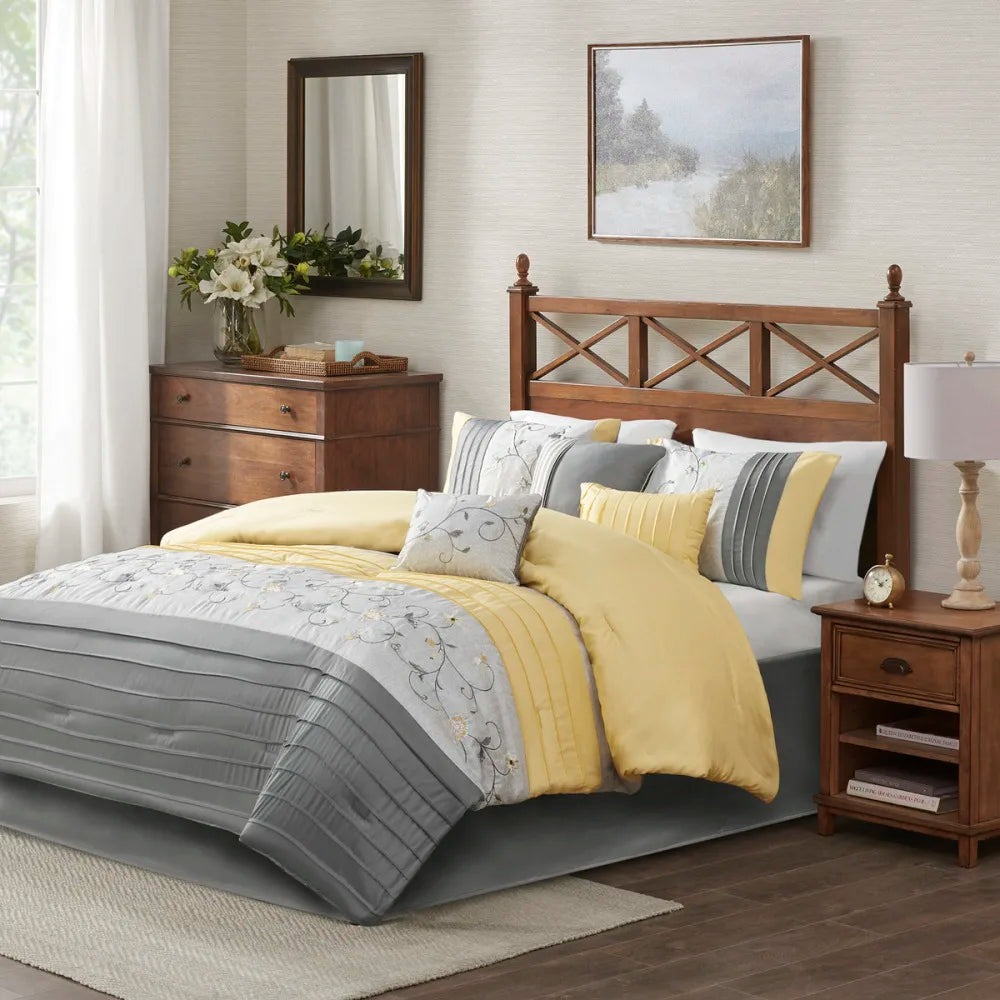 Embroidered 7 Piece Comforter Set Yellow Queen
