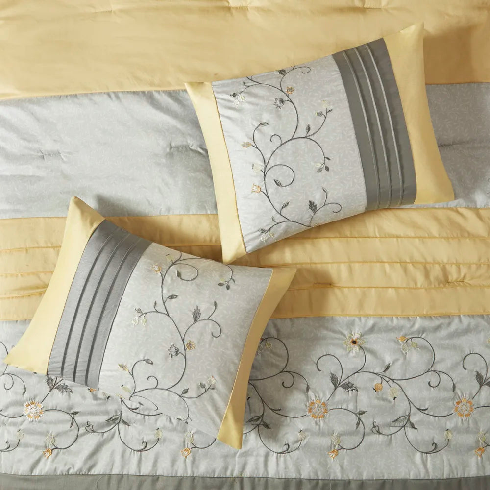 Embroidered 7 Piece Comforter Set Yellow Queen