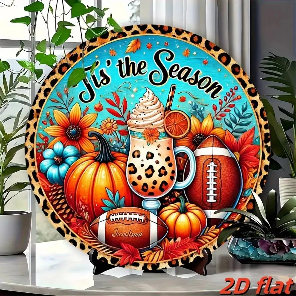 Autumn Leopard Print Football Pumpkin Aluminum Sign