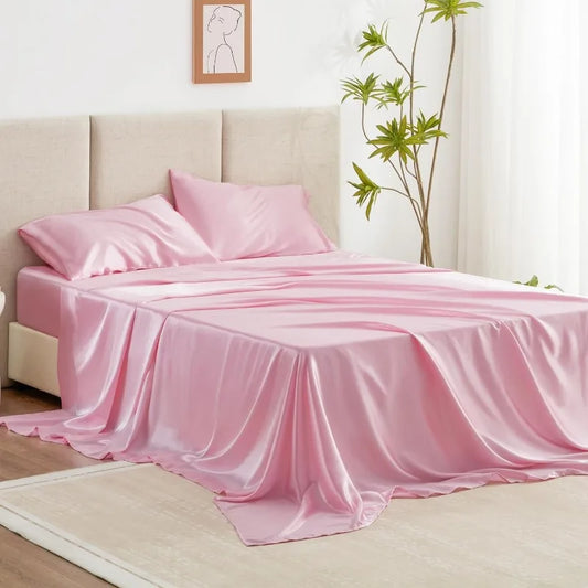 4 Piece Pink Silky Satin Bed Sheets Queen