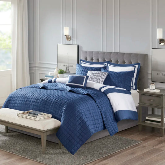 8 Piece Comforter Set Collection Navy Full/Queen