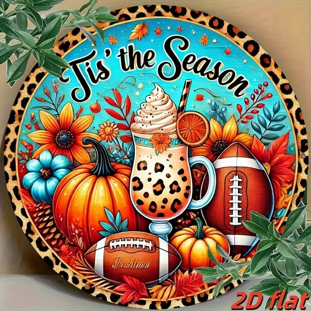 Autumn Leopard Print Football Pumpkin Aluminum Sign