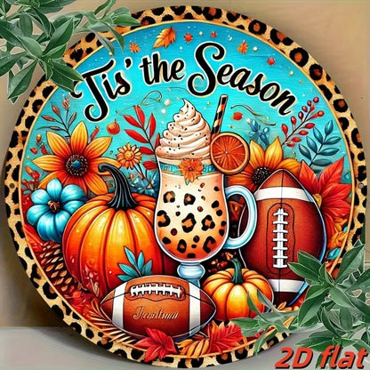 Autumn Leopard Print Football Pumpkin Aluminum Sign