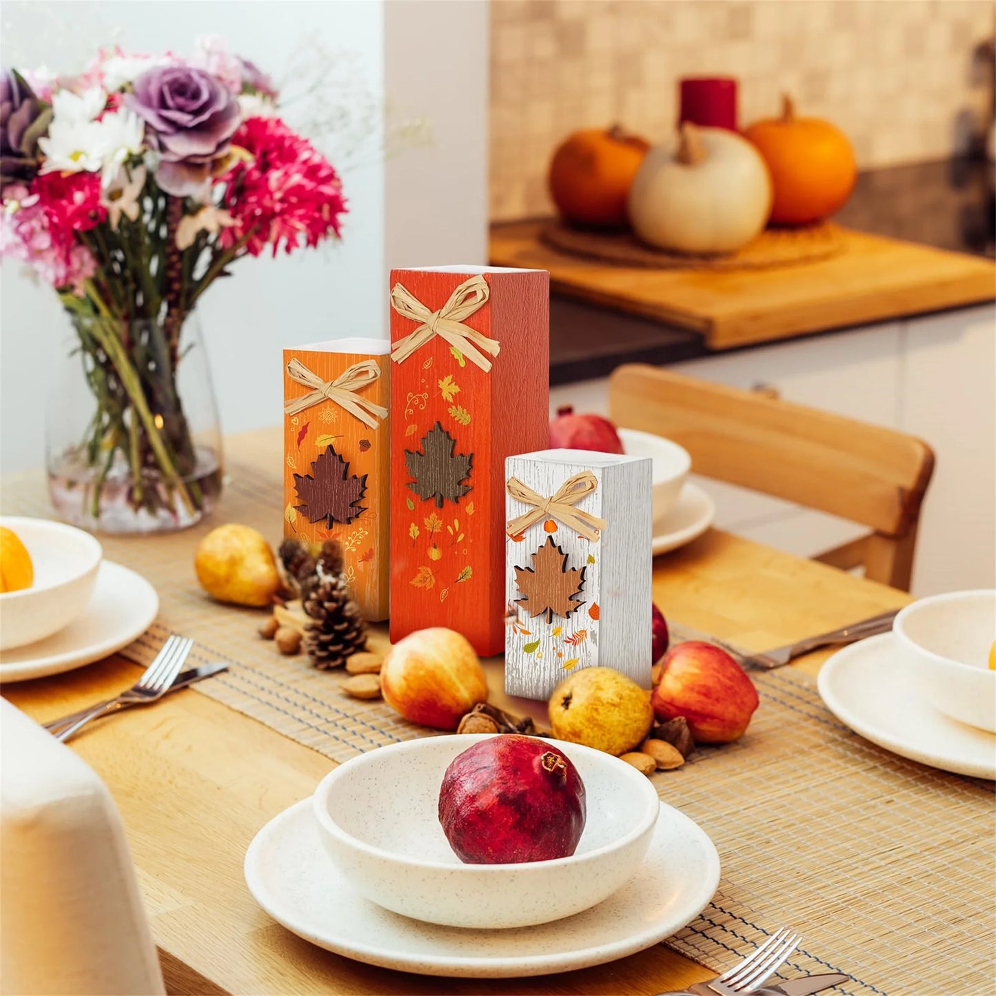 Rustic Autumn Tabletop Decor Set with Wooden Standing Blocks