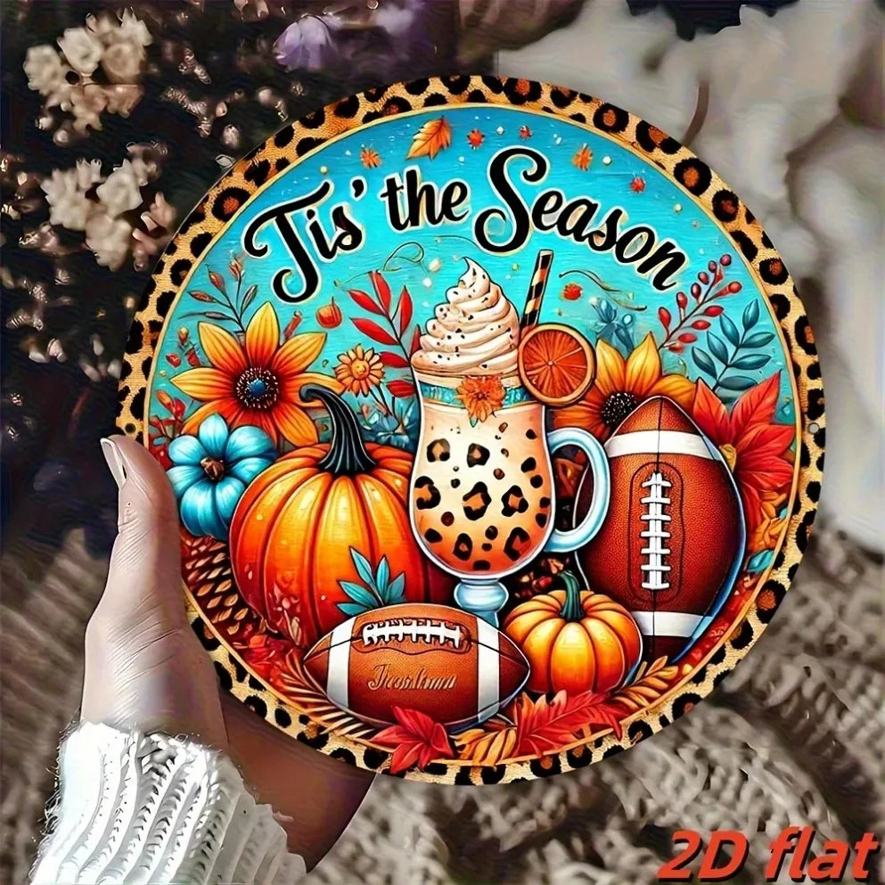Autumn Leopard Print Football Pumpkin Aluminum Sign