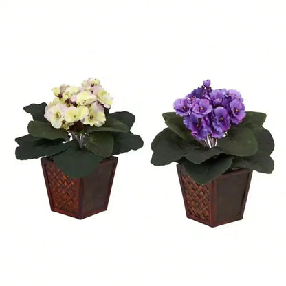 10 in. Artificial African Violet Silk Plants with Vase, Set of 2.