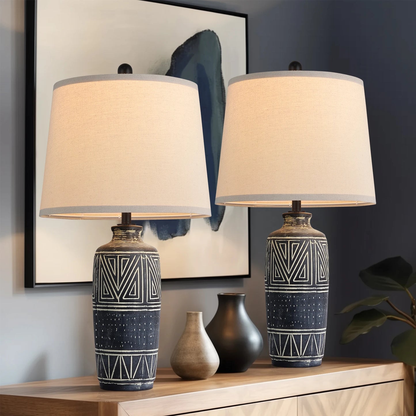 2 Pack 25-Inch Carved Geometric Ceramic Table Lamp