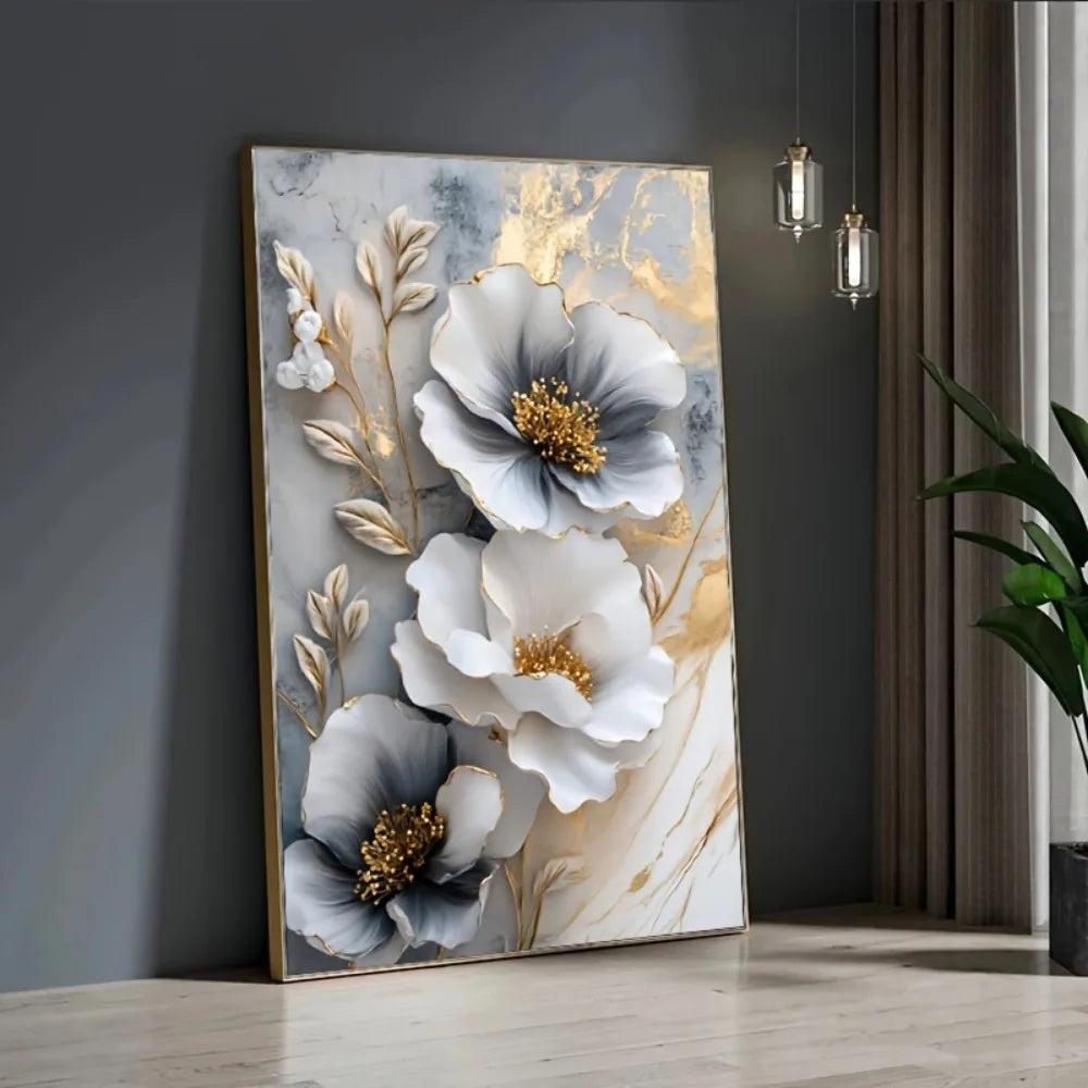 Modern luxury 3D  floral canvas mural, framed