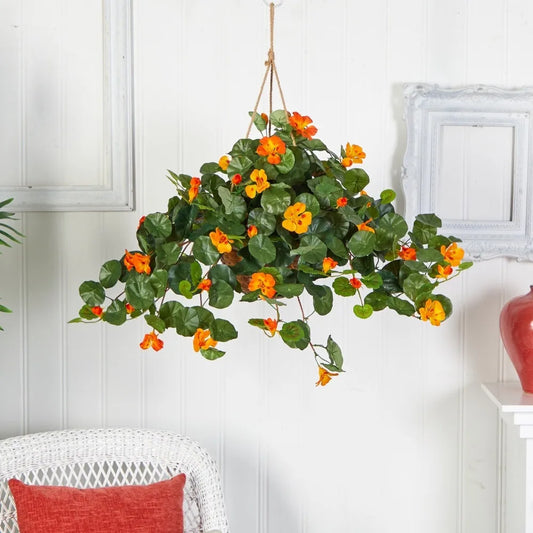 22” Nasturtium Artificial Faux Plant in Hanging Basket