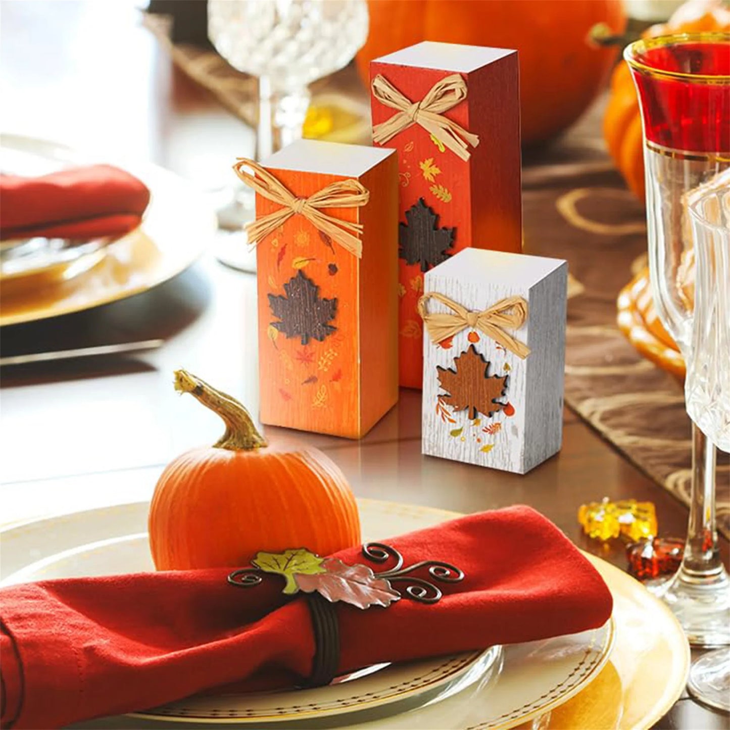Rustic Autumn Tabletop Decor Set with Wooden Standing Blocks