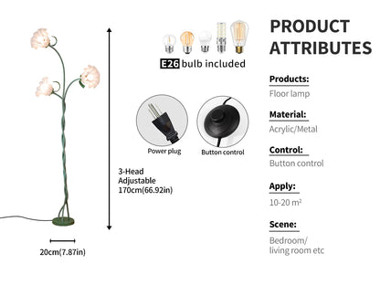 Retro 3-Head Flower Floor Lamp, Flexible Neck