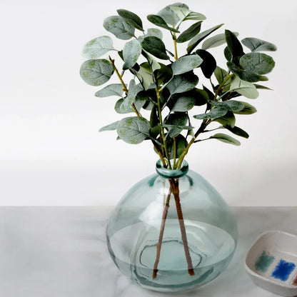 12 Inch Artificial Eucalyptus Plant in Hand-Blown Glass Vase